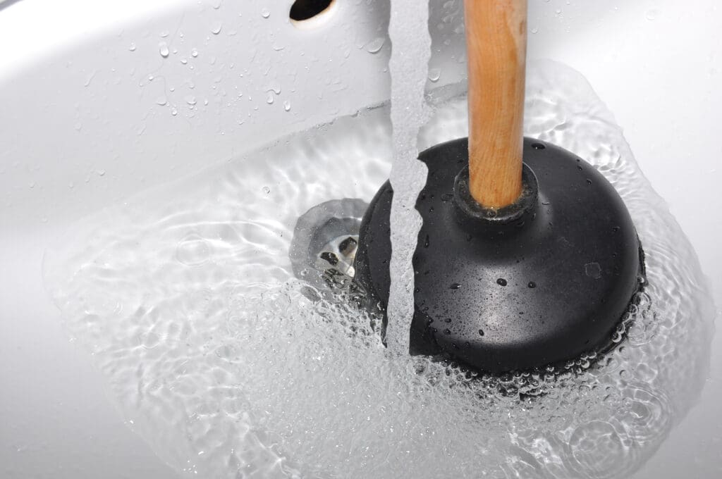 Plunger and clogged sink. Pipe cleaning concept. Sanitary engineering work.