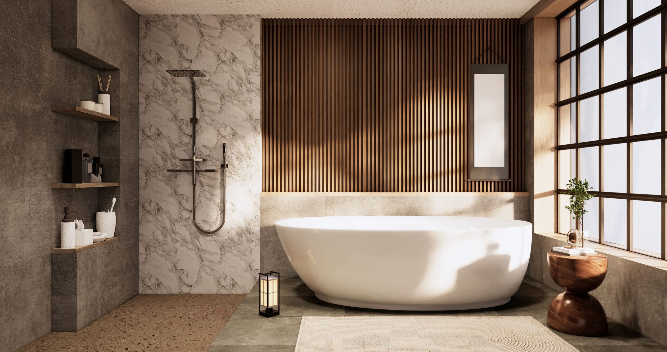 Modern bathroom featuring a freestanding white bathtub and tall narrow mirror on a wood-paneled wall. A lantern and small wooden table with a plant are beside the tub. Expertly done bathroom installations ensure the shelves hold towels and toiletries securely, while a window lets in natural light.