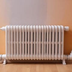 A white radiator is mounted on an orange wall above a light wood floor, part of the recent bathroom installations. A small thermostat device is visible near the bottom of the radiator on the left side.